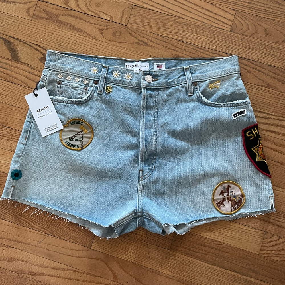 RE/DONE Classic Short Embellished - Denim Patch Shorts New w Tags SZ 30